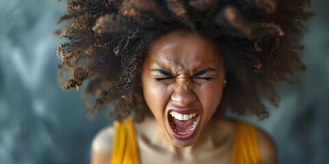 Stressed young Black woman shouting showing frustration. Concept Anger Management, Stress Relief, Coping Strategies, Mental Health Support, Self-Care Practices