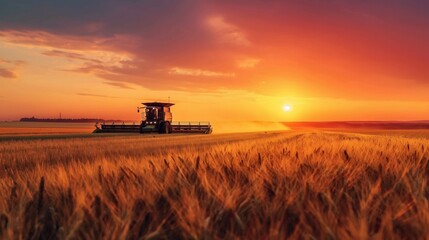 Fototapeta premium Sundown Harvest, Vibrant Sunset Colors Illuminate Expansive Fields with Advanced Agricultural Machinery in Action