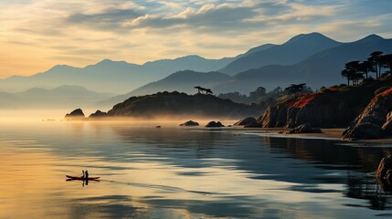 A serene California beach background with a paddleboarder gliding across calm waters, the sun rising in the background, and a misty morning ambiance.
