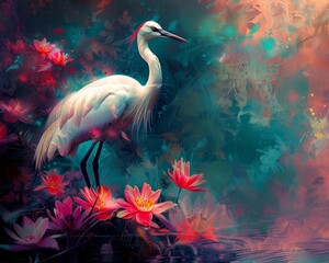 A serene white heron among vibrant lotus flowers in an ethereal, colorful dreamscape. Perfect for nature, wildlife, and fantasy-themed projects.