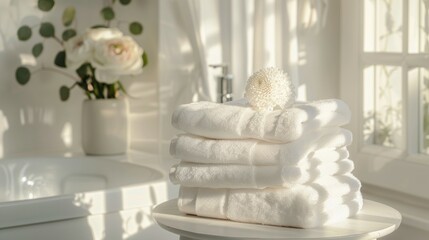 A stack of white towels sits on a table next to a bathtub