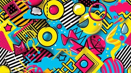 80s and 90s design pattern seamless, colorful geometric shapes, retro style, bright neon colors, playful and abstract, bold patterns, intricate and dynamic