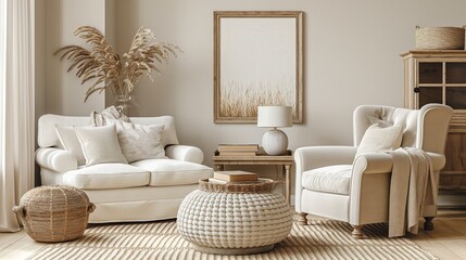 Naklejka premium Scandinavian Serenity: Modern Living Room with Curved Loveseat Sofa and Framed Artwork 