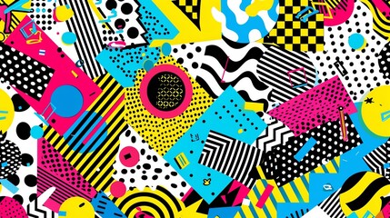 80s Memphis Style pattern seamless, colorful geometric shapes, retro design, bright neon colors, playful and abstract, bold patterns, intricate and dynamic