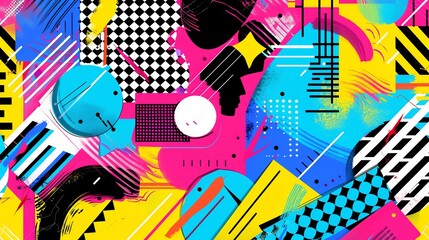 Memphis Style 80s and 90s design, funky geometric shapes, bright colors, retro art, playful and abstract, bold design, vivid and intricate, dynamic patterns
