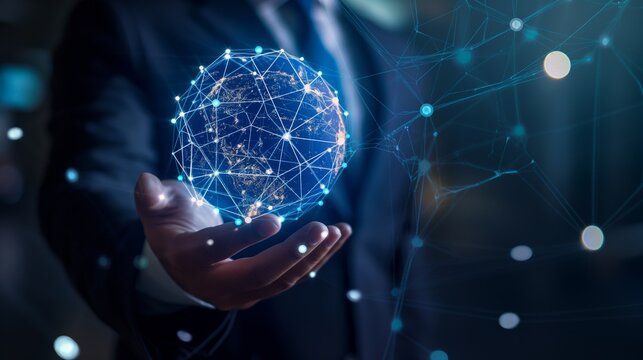 Innovative Global Strategy, Businessman Holding Illuminated Globe with Network Connections, Symbolizing Digital Marketing Solutions and Global Business Networks