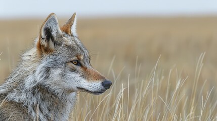 Fototapeta premium A close-up of a wolf in a field of tall, golden grass Behind is a expansive blue sky In the foreground lies a brown, textured expanse of grass