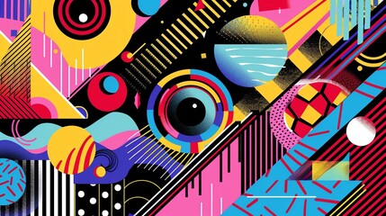Retro 80s and 90s design, funky geometric shapes, neon colors, abstract art, playful and bold, vivid and intricate, dynamic composition