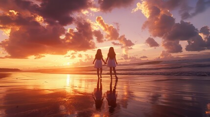 Fototapeta premium Two women standing on a beach at sunset