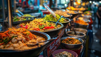 Obraz premium Vibrant Thai Street Food: Colorful Stalls and Lively Vendors Amidst Sizzling Woks and Fresh Ingredients
