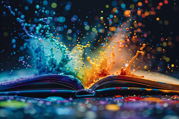 Generate a detailed close-up image of a book's open pages being splattered with rainbow paint drops, highlighting the interaction between literature and visual art