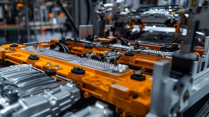 Fototapeta premium Precision Manufacturing, Close-Up of Electric Vehicle Battery Cell Assembly Line in Mass Production