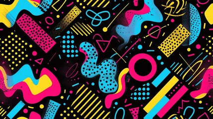 Seamless pattern 80s and 90s design, vibrant geometric shapes, neon colors, retro aesthetic, playful design, bold and abstract, intricate details, dynamic and vivid