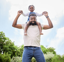 Portrait, sitting on shoulders and dad with daughter outdoor in park for summer bonding together....