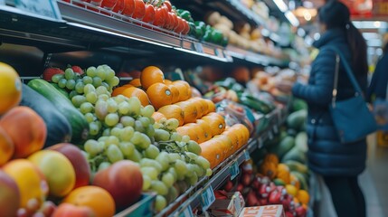 A candid snapshot showcasing the diverse selection of fruits and vegetables in a bustling supermarket, with shoppers browsing in the background, capturing the essence of everyday life