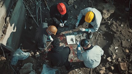 A forensic team of detectives and experts examining a crime scene, utilizing forensic engineering, and analyzing structural damage in an explosion investigation 