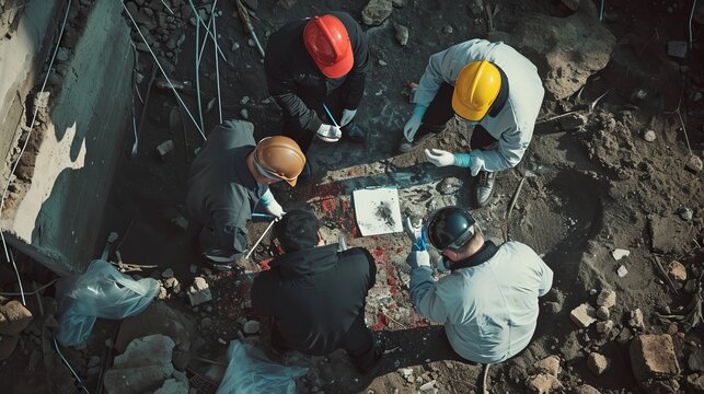 A forensic team of detectives and experts examining a crime scene, utilizing forensic engineering, and analyzing structural damage in an explosion investigation 