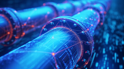 digital petroleum pipeline, digital wireframe one-line drawing, infinite blue lines