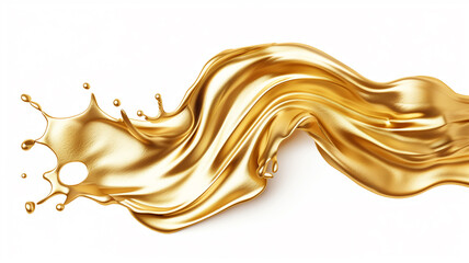 Abstract golden liquid splash flowing on white background, representing luxury, elegance, and fluidity in motion and design.