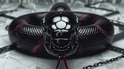  A black snake with a red band encircling its neck, a mask concealing its head in black, and a chain securing its collar – against a pristine white backdrop