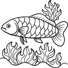 Arowana Fish Line Art Black White illustration vector