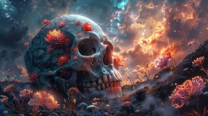 A vibrant floral skull against a starry nebula backdrop invites the mysteries of life and death With Psychedelic cosmic mushroom forest 
