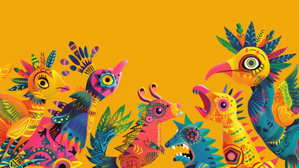 Fototapeta premium Playful scene with diverse alebrijes, Mexican folk art, Vibrant, Illustration, Clear space for text at bottom