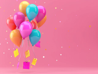 Colorful balloons floating with gift tags on a vibrant pink background, perfect for celebrations and festive atmospheres.