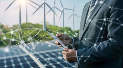 A businessman analyzes a graph showing market trends in renewable energy investments against a clean and uncluttered background. with natural light, soft shadows, and copy space
