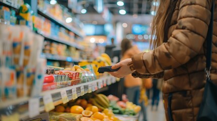 A cashier providing contactless payment options for a customer, Grocery store, blurred background