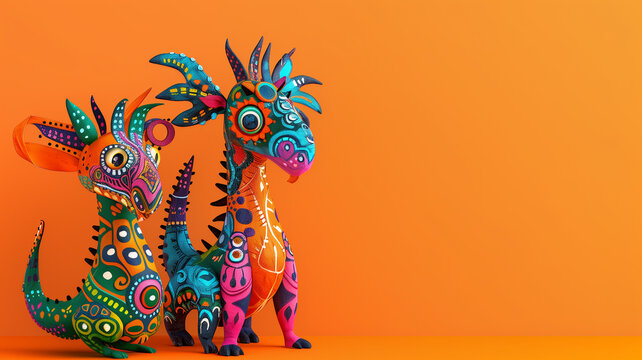 Playful alebrijes in a traditional Mexican style, Folk art, Bright, Digital Art, Clear bottom text space