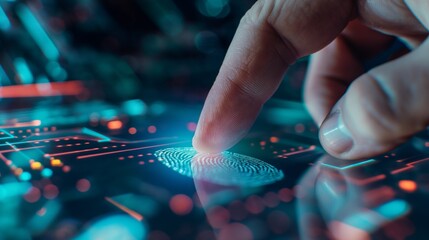 A close-up of a hand scanning a fingerprint on a digital device for secure access, Secure Software Development, blurred background, and copy space