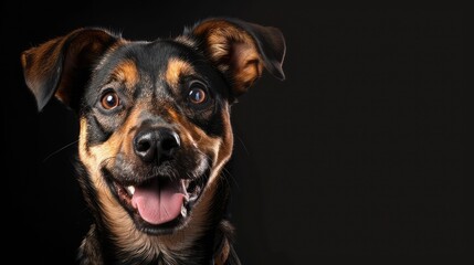 Fototapeta premium Studio portrait of a comical mixed breed dog on a black backdrop