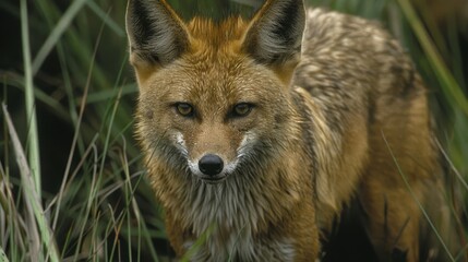Fototapeta premium A close-up of a fox in a field of tall grass, gazing sadly at the camera with its expressive face