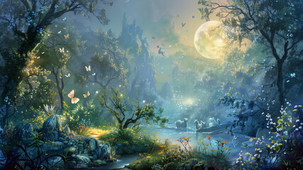 Fantasy forest with fairies and enchanted creatures, basking in the light of a magical moon, Mystical, Sketch, Gentle Colors © praewpailyn