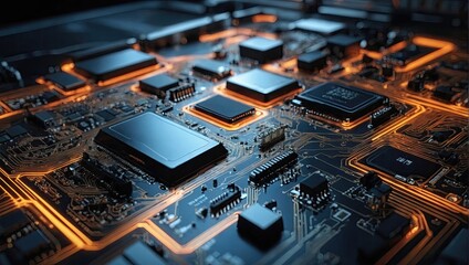 Abstract close up of computer circuit board with processor
