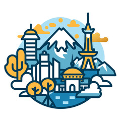 Naklejka premium Stylized Cityscape with Mountain, Tower, and Buildings