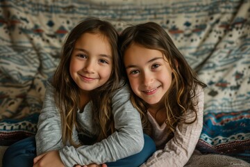 Fototapeta premium Two young girls are sitting on a bed