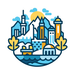 Obraz premium Stylized Illustration of a Coastal City with Buildings and Water