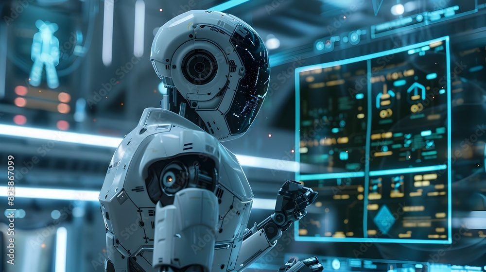 Poster sentient robot engineering a futuristic machine with holographic blueprints