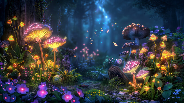 Enchanted fairy garden with bioluminescent flowers, glowing mushrooms, and mystical creatures, Whimsical, Neon, Digital Art