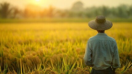 Tranquil Farmer in Rice Field: Embracing Stillness and Dignity in the Countryside