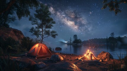 Serene Camping Night: Tent Under Starry Sky with Roasting Marshmallows by Campfire