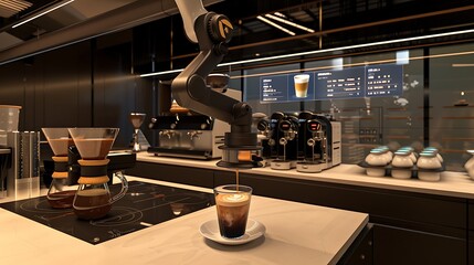 A high-tech coffee station integrated into the open kitchen, complete with a robotic barista arm, customizable latte art, and a holographic menu
