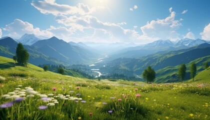 A stunning spring day landscaping views of fertile land surrounded beautiful green vegetation, wide stretches of hills and mountains with clear skies in spring