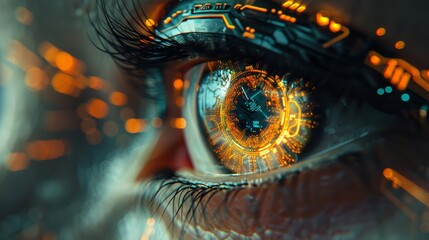 Cybernetic Enhancement: Human Eye with Glowing Circuit Implants and Metallic Tracings