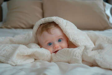 A baby is laying on a bed with a blanket over its head