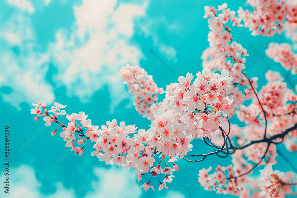 Wall mural a beautiful pink tree with white flowers is in front of a blue sky