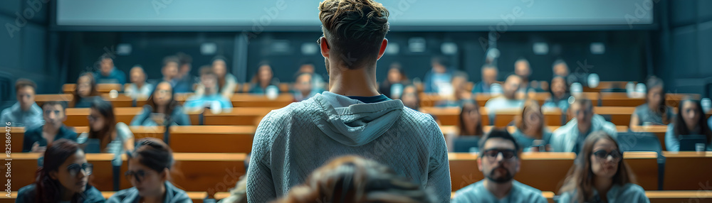 Aufkleber engaging lecture: photo realistic high resolution image of lecturer giving digital presentation agai