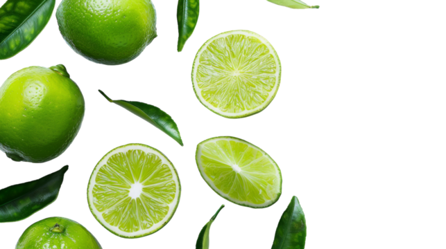 Several fresh limes and green leaves neatly arranged on a clean white background